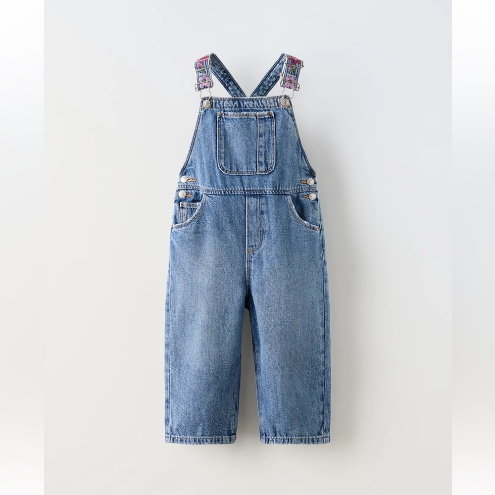 Zara Kids Girls Embroidered Denim Overalls